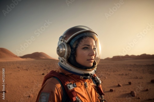 Close-up of a beautiful young cosmonaut woman putting on a spacesuit in a new planet, copy space. The first people on Mars concepts © liliyabatyrova