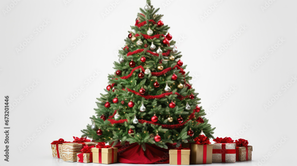 Christmas tree festooned with red and gold ornaments, standing against a grey backdrop, with assorted wrapped gifts settled at its base.