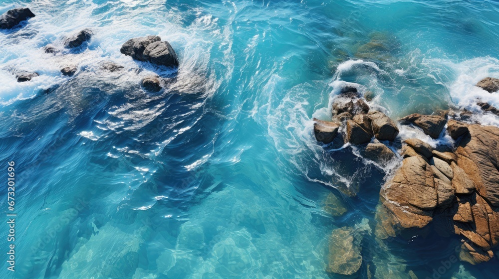 Top view of transparent sea water with coral rocks and blue sea