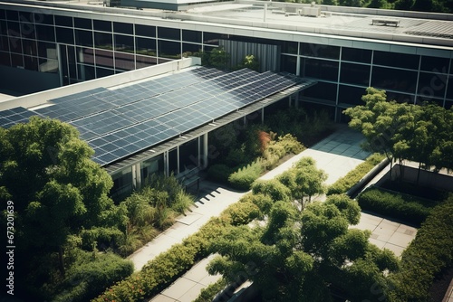 A top-down view captures a solar panel installation on a green rooftop, showcasing modern sustainable living and renewable energy solutions.