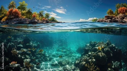 Beautiful underwater half panoramic view with tropical fish  coral reefs and blue sky