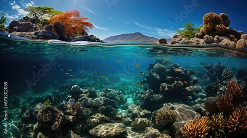 Beautiful underwater half panoramic view with tropical fish, coral reefs and blue sky © Hnf
