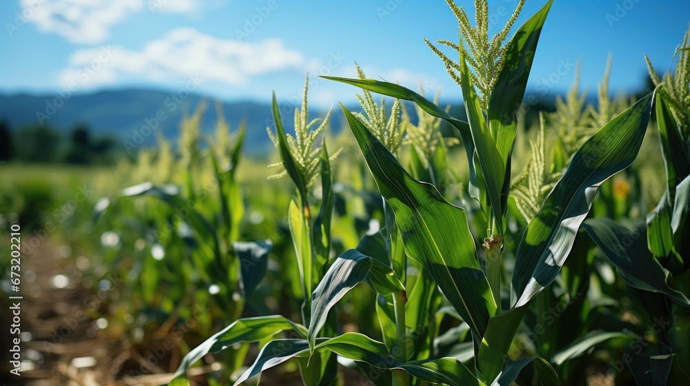beautiful view of corn plantations with blue sky and mountains beautiful view of corn plantations with blue sky and mountains