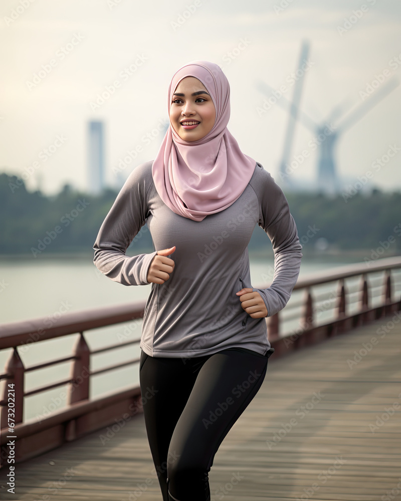 An Asian woman wearing hijab jogging for fitness
