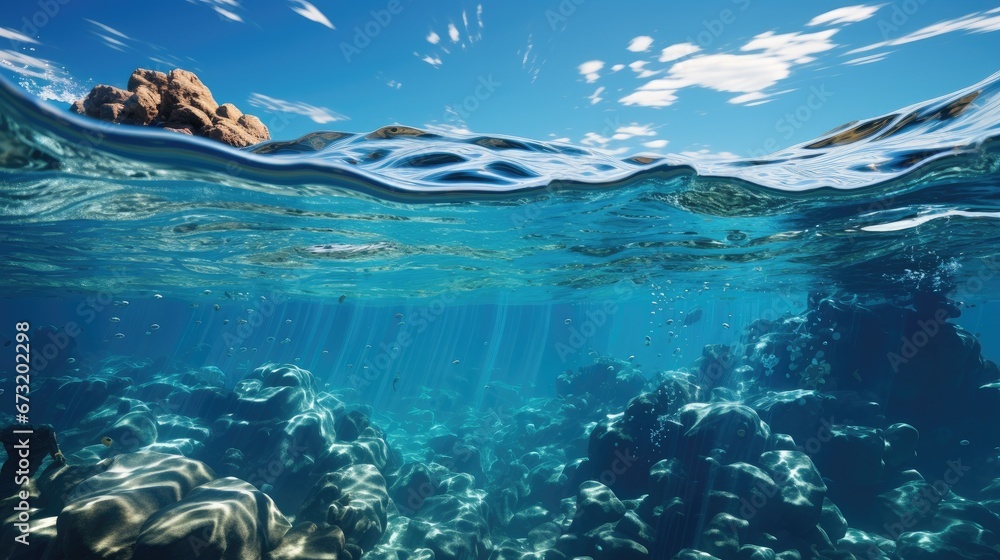 underwater view of the sea with coral reefs and bright blue cloudy sky underwater view of the sea with coral reefs and bright blue cloudy sky