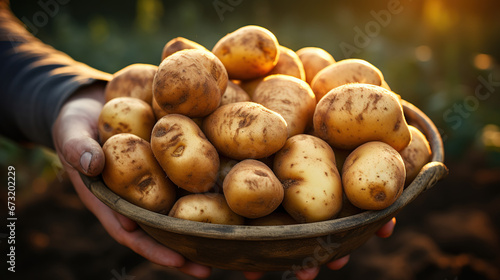 Freshly Picked Potatoes in the Hands of Farmer in a farmer field Healthy Organic Produce Defocused Background © Image Lounge
