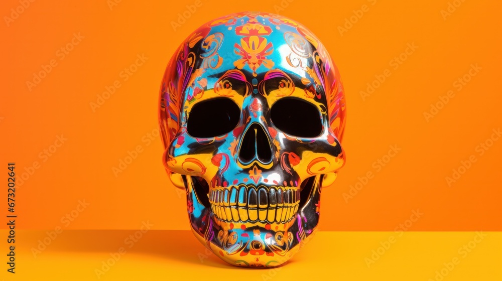 Colorful bright foil ball with a skull on an orange background Colorful bright foil ball with a skull on an orange background