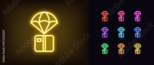 Outline neon flying box icons. Glowing neon box with parachute, air delivery parcel, flying package with order. Gaming loot box, game airdrop prize. Donation, free gift, drop surprise. Vector icon set