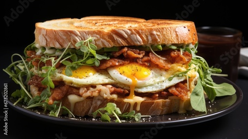 Club sandwich with chicken, egg and cheese on a black background
