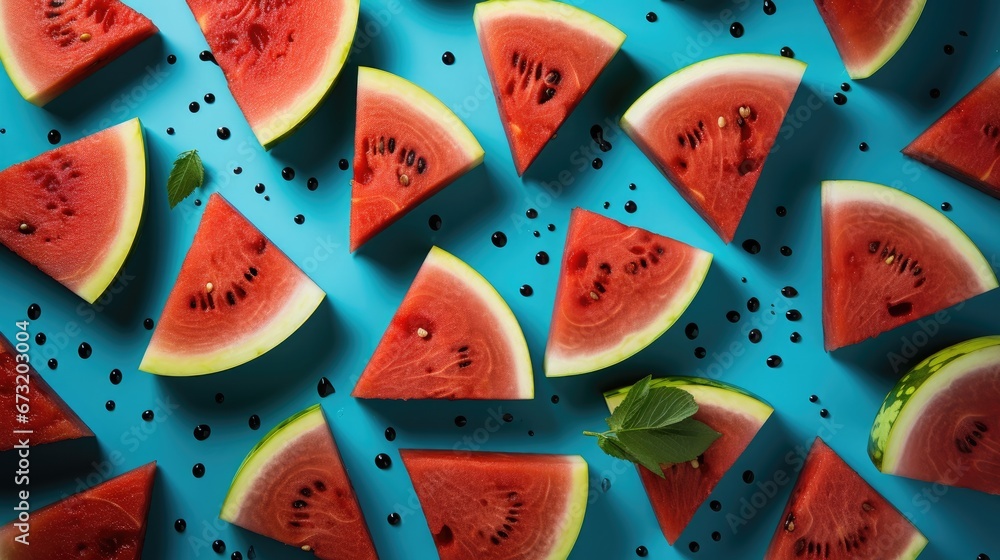top view of fruit pattern of fresh watermelon slices on blue background