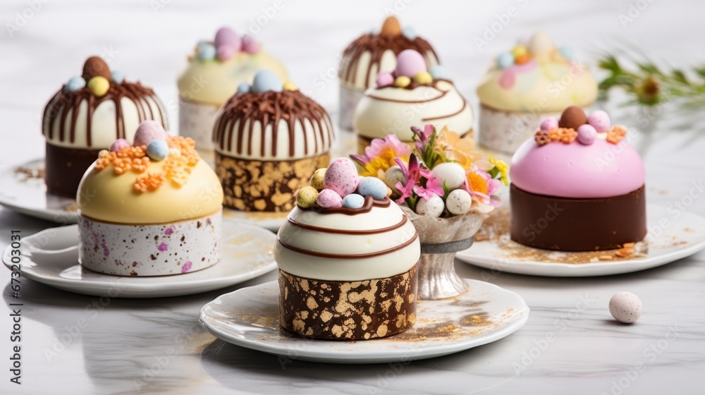 Easter cake and colorful eggs on festive Easter table 