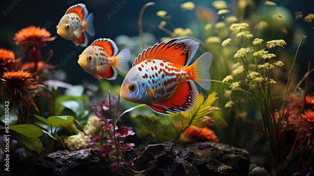 Naklejka premium Colorful aquarium background with tropical fish freshwater angelfish, Discus Tetra, aquatic plants