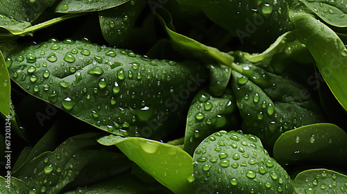 Water Drops on Fresh Green Spinach Leaves Texture As Background Defocused