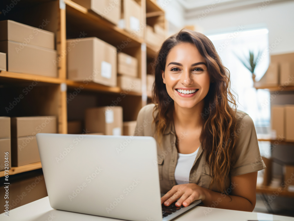 Confident Young Entrepreneur at Her Startup Workspace with Cardboard Boxes Confident Young Entrepreneur at Her Startup Workspace with Cardboard Boxes