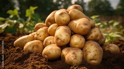 Fresh potatoes stacked on farm soil. Food  vegetables  agriculture 