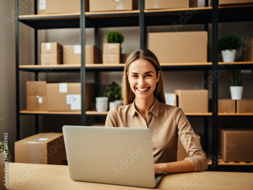 Confident Young Entrepreneur at Her Startup Workspace with Cardboard Boxes