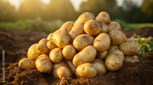 Fresh potatoes stacked on farm soil. Food  vegetables  agriculture
