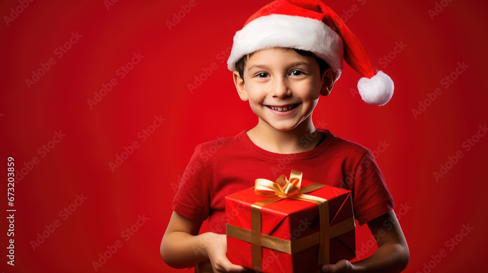 A joyful boy wearing a Santa hat smiles brightly as he excitedly holds a festively wrapped Christmas gift against a vibrant red background. A joyful boy wearing a Santa hat smiles brightly as he excitedly holds a festively wrapped Christmas gift against a vibrant red background.