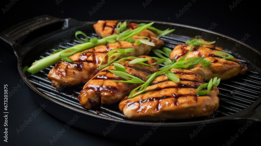 Grilled teriyaki honey ginger chicken breast on a grill pan with green onions Grilled teriyaki honey ginger chicken breast on a grill pan with green onions