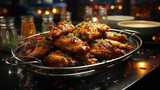 Chicken Legs and Wings on a Grill in Restaraunt Style on Blurry Background