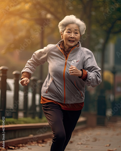 An old Asian woman jogging in a park