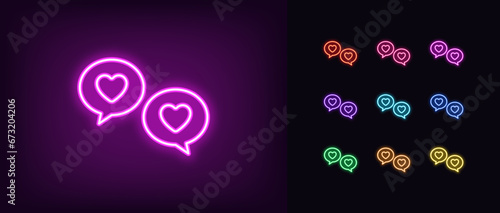 Outline neon love chat icon set. Glowing neon bubble messages with heart, online dating chat. Love communication, romantic talk, dating app. Private date service, love conversation. Vector icon set