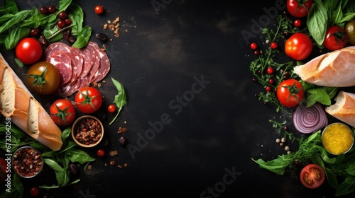 Ingredients for sandwich with smoked meat, baguette, basil, arugula, olives, cherry-tomatoes, parmesan cheese, garlic and spices over black grunge background. Top view 