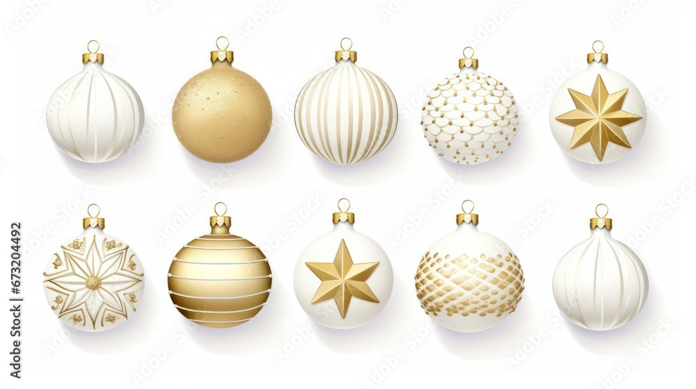Fototapeta premium Set of white and gold realistic Christmas decorations. 3d render vector illustration. Design elements for greeting card or invitation 