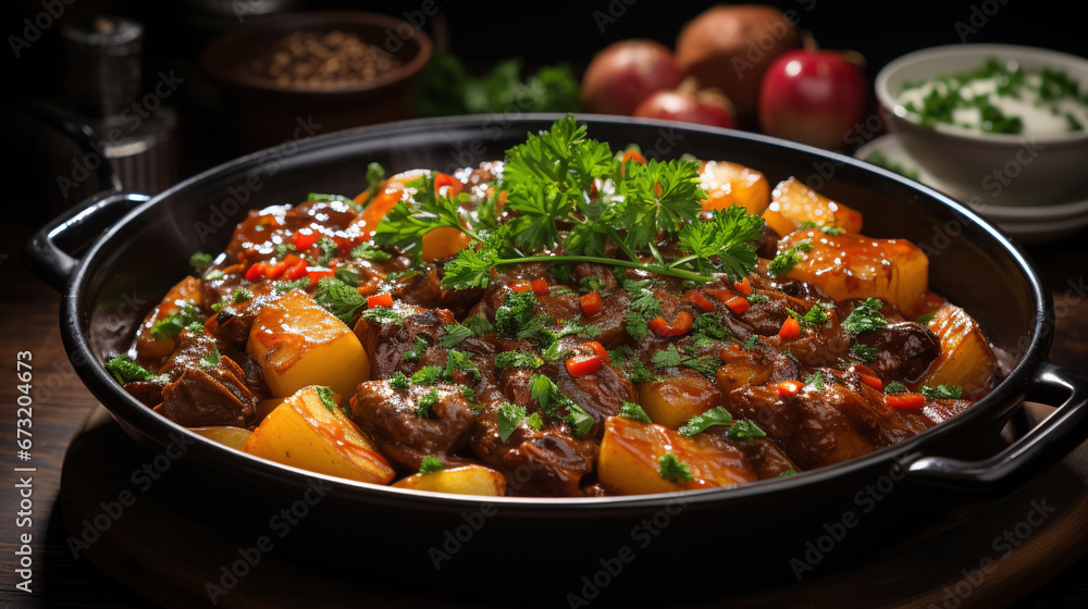 A Lamb Stew in a Thick Red Sauce with Carrots and Potatoes on Selective Focus Background