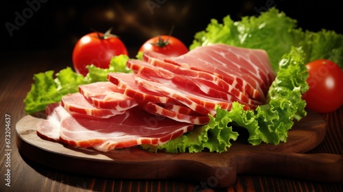 Sliced ham with tomatoes and lettuce on a wooden background . close-up 