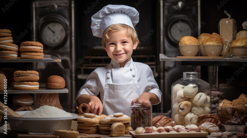 A little boy in a chef costume makes food in the kitchen. A little boy in a chef costume makes food in the kitchen.