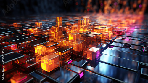 Glowing Grid: A Futuristic Dance of Cubes,electronic circuit board,abstract background,abstract background with glowing lines