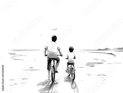 Drawing of Father and son learning to ride a bicycle at the beach illustration separated, sweeping overdrawn lines.