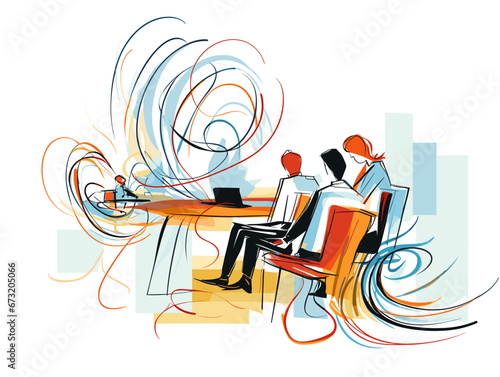 Drawing of Flat design style of business meeting office worker illustration separated, sweeping overdrawn lines.