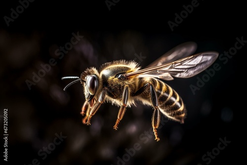 a close-up of a beautiful bee in flight. Generative AI © Clio
