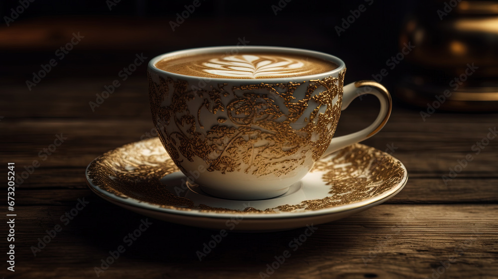A Cup of Beautiful Cappuccino With Heat The Cup is White With Gold Patterns Printed on it Blurry Background A Cup of Beautiful Cappuccino With Heat The Cup is White With Gold Patterns Printed on it Blurry Background