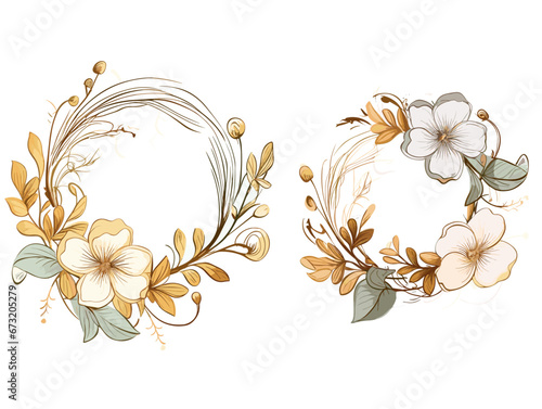 Drawing of flower wreaths with neutral flowers and leaves illustration separated, sweeping overdrawn lines.