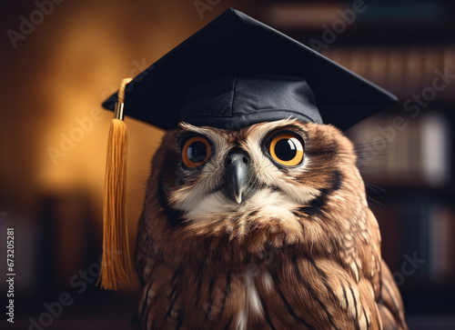 Owl in a graduation cap. Concept of education, knowledge, preparation for graduation. Feathered bird - an eagle owl in a hat and mantle. Background for advertising online education, distance learning.