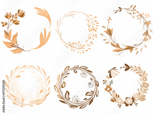 Drawing of flower wreaths with neutral flowers and leaves illustration separated, sweeping overdrawn lines.