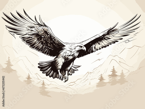 Drawing of Flying eagle logotype mascot in engraving style illustration separated, sweeping overdrawn lines.