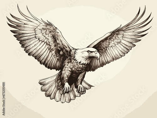 Drawing of Flying eagle logotype mascot in engraving style illustration separated, sweeping overdrawn lines.