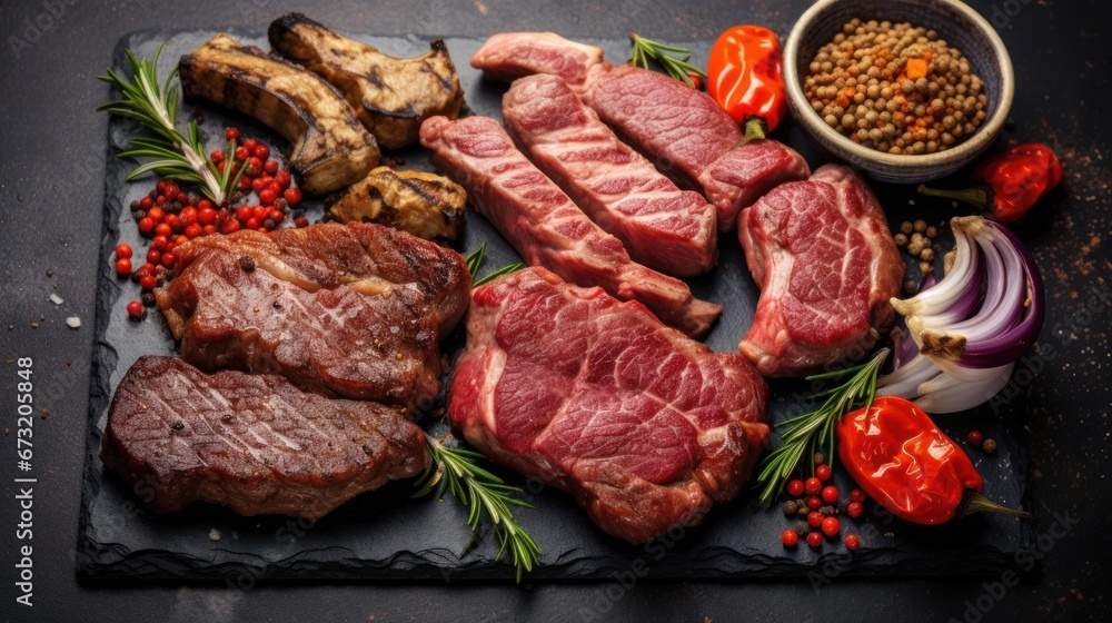 Various types of grilled meat, beef, pork, chicken on stone background