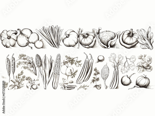 Drawing of fresh vegetables collection. Food frame illustration separated, sweeping overdrawn lines.