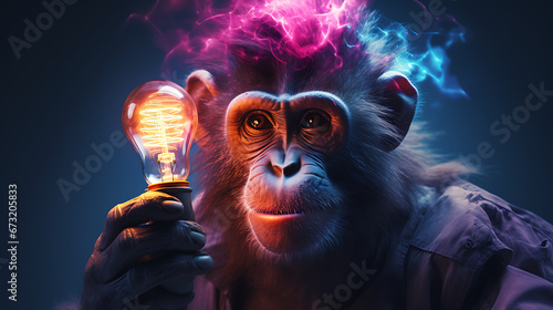 A Monkey Grasps a Light Bulb, Creative Explosion of Multicolored Paint. The Birth of a Creative Idea and Mind created with Innovative AI Technology