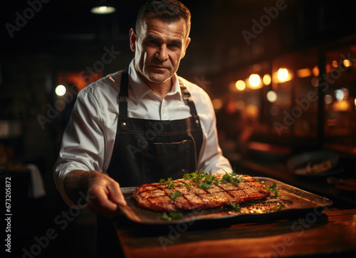 Brutal male chef in an apron serves meat tenderloin with vegetables. Advertisement for a restaurant and delicious food. Atmospheric background with healthy and tasty food preparation.