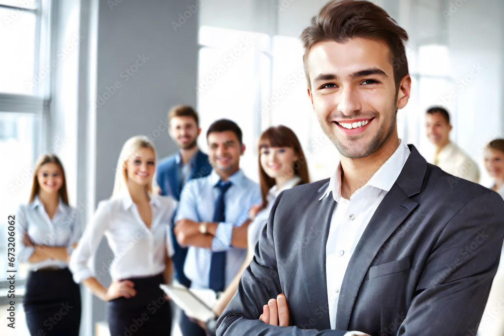 Young smiling businessman standing in front of team, smiling at camera Young smiling businessman standing in front of team, smiling at camera
