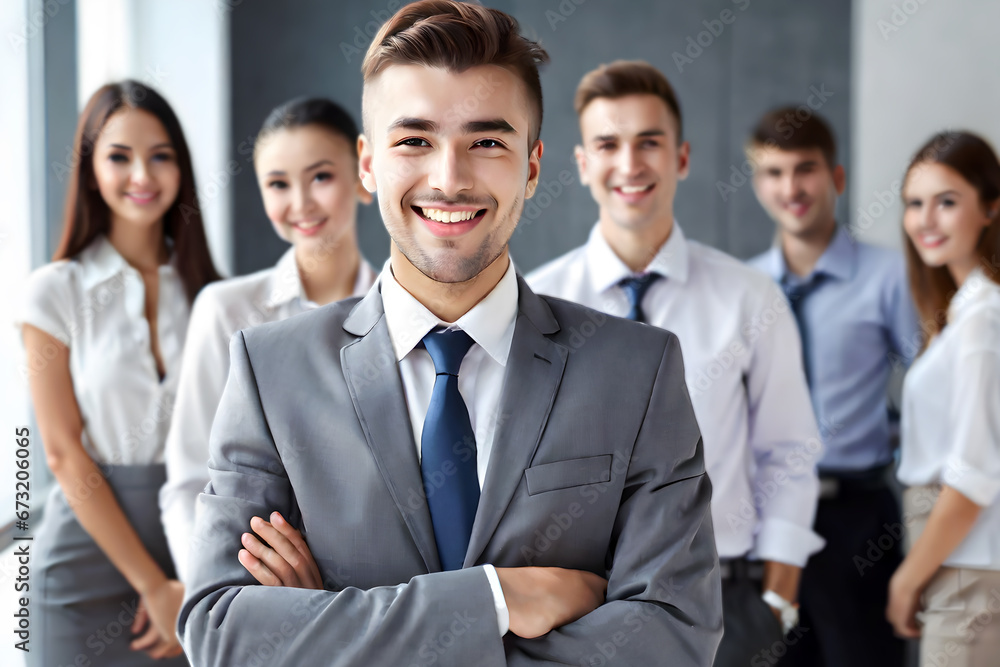 Young smiling businessman standing in front of team, smiling at camera Young smiling businessman standing in front of team, smiling at camera
