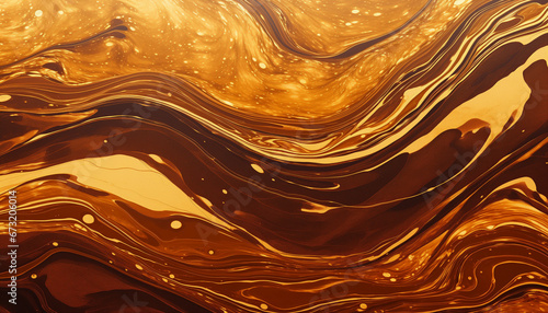 Marble ink painting texture on a luxury background banner - Brown waves, swirls, gold painted splashes, 3d lines. AI generated.