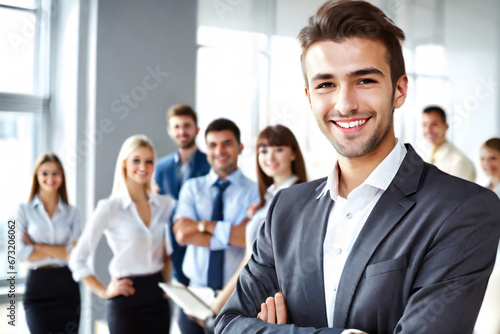 Young smiling businessman standing in front of team  smiling at camera