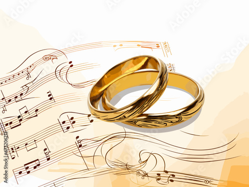 Drawing of Gold wedding rings over antique music sheet illustration separated, sweeping overdrawn lines.